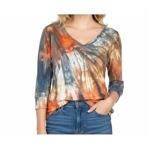 Glima Women's Shirt M Tie Dye V Neck 3/4 Sleeve Orange Blue Grunge Distressed